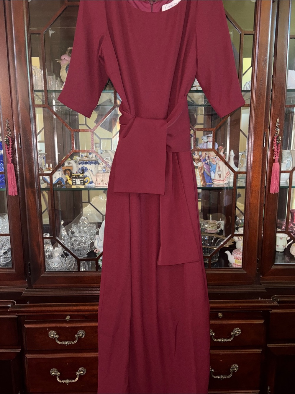 Women's Burgundy Tie-Waist full length designer gown